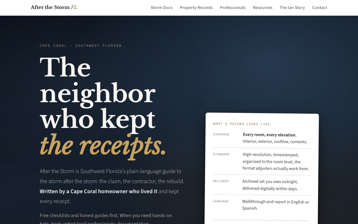 The live afterthestormfl.com homepage: a dark storm-sky hero reading The neighbor who kept the receipts, with a sample documentation record card