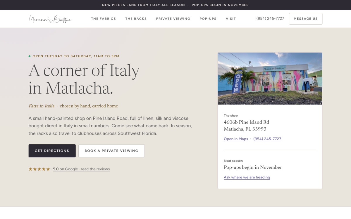The live Mariann's Boutique homepage: A corner of Italy in Matlacha, with the hand-painted storefront photograph, hours, directions and booking buttons